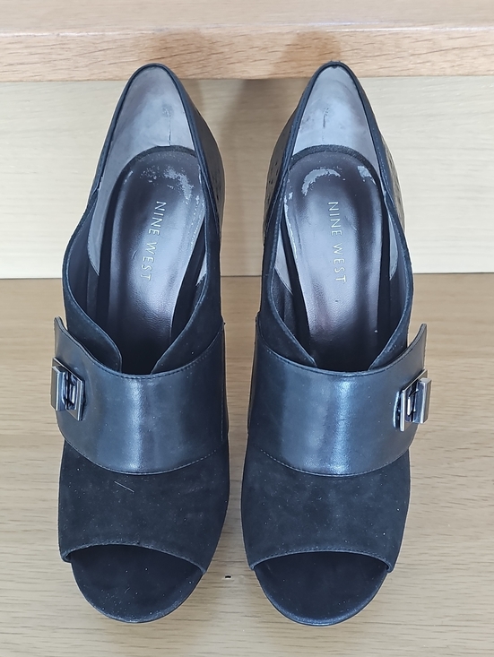 Nine West Shoes - Nine West Black Leather & Suede Peep-Toe Buckle Mules